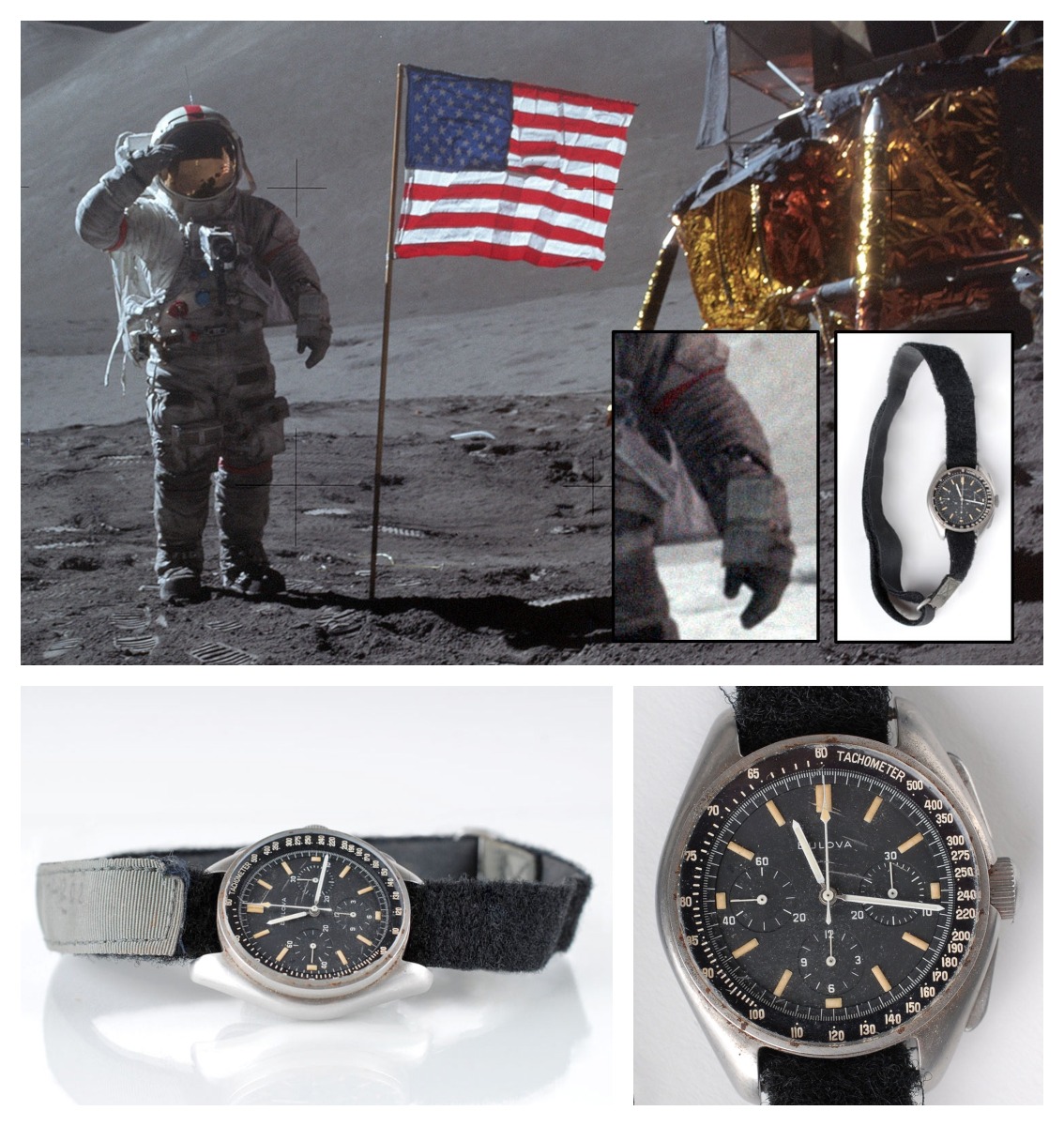 Scott wearing the Bulova chronograph while walking on the Moon and pictures of his watch sold for auction. Credits : NASA, RR Auctions.