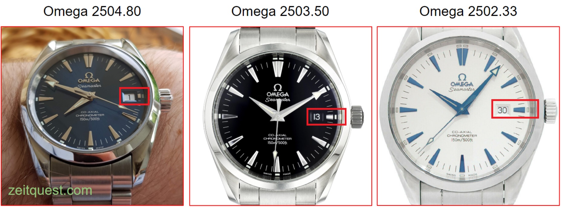 The different sizes of the first generation Omega Seamaster Aqua Terra (36mm, 39.5mm, 42mm). The length of the 3 o'clock marker depends on the diameter.