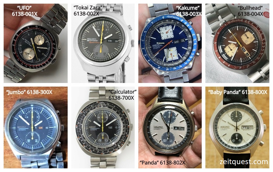The different models of the Seiko 6138 range, including the iconic Panda, Kakume and Bullhead vintage chronographs. Available on eBay.