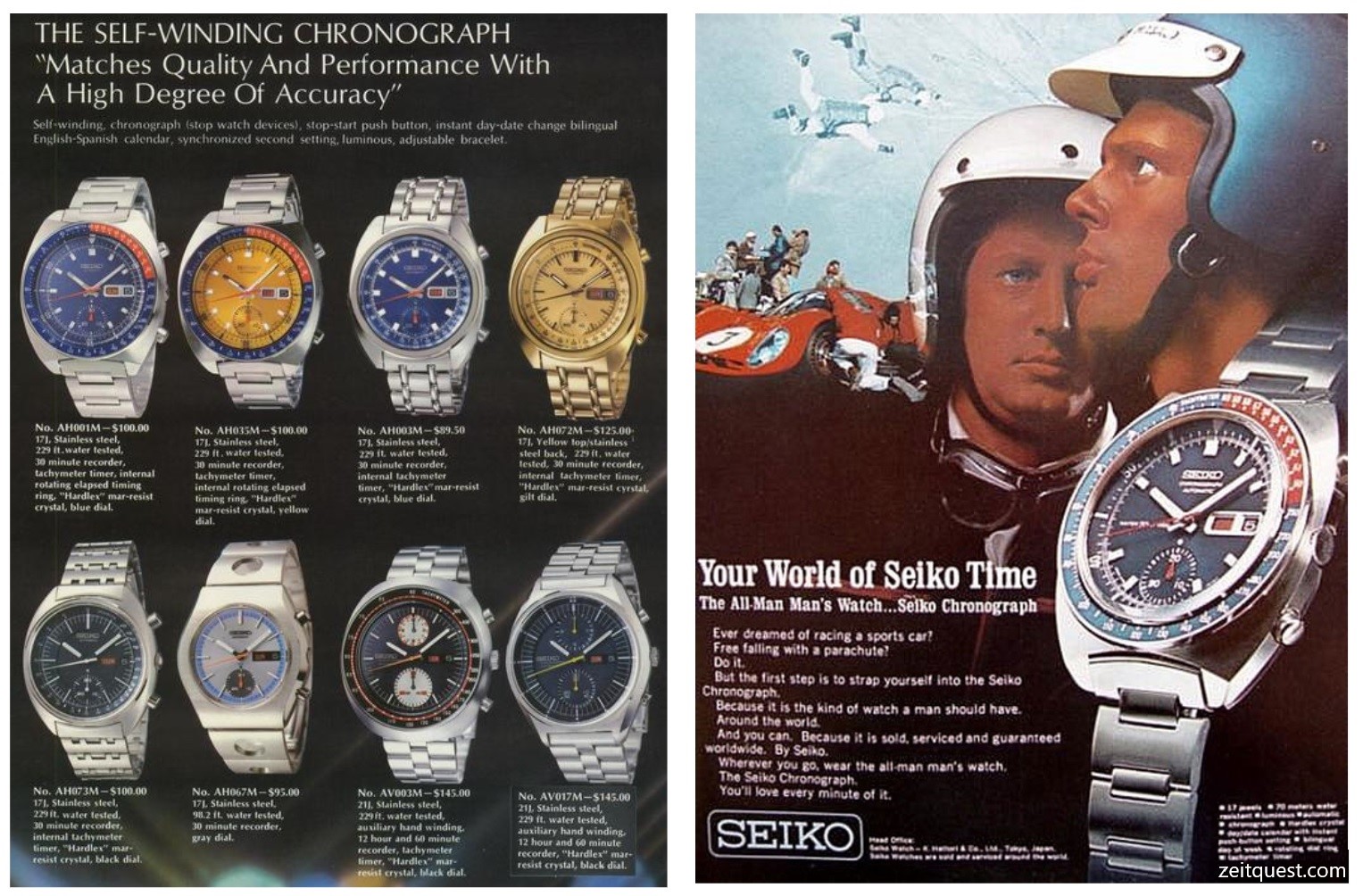 Left: Seiko 1969 Catalog, showing different Seiko 6139-600X models. Right: Seiko Chronograph advertisement by Seiko for the 6139 model (1969). Credits: Seiko 1969 Catalog, Seiko.