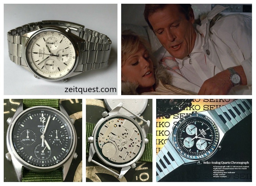 The Seiko 7A28-7020 (top) was featured in the James Bond film “A View To A Kill” whereas the 7A28-7120 was issued to RAF crew (bottom left). The 7A28-7039 “Speedy/Synchro Timer” (bottom right) has a similar look to the Omega Speedmaster. Find on eBay.