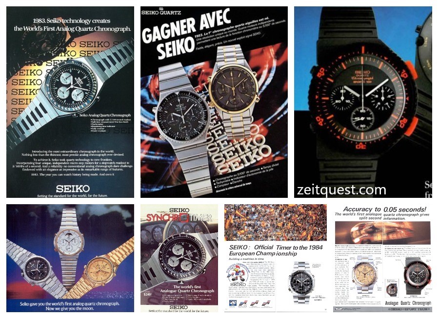 Seiko heavily advertised the 7A28 Quartz chronograph. At the top, from left to right, you can see vintage advertisement for the 7A28-7039 “Speedy/Synchro Timer”, 7A28-7049 and 7A28-6000 “Bishop”. There were also variations with a moonphase, as you can see on the bottom left advert. Find on eBay.