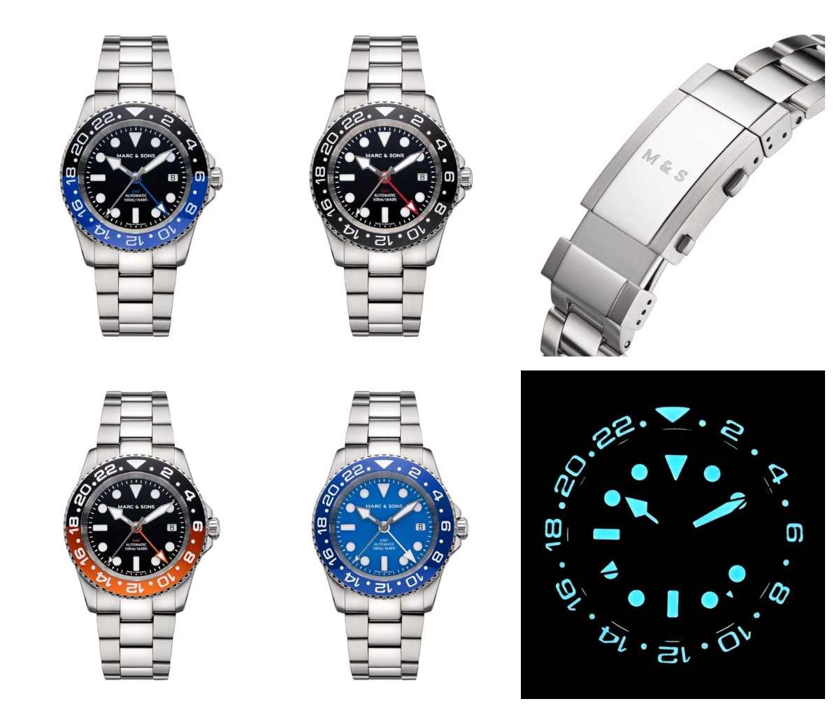 The Mark and Sons Diver watch Automatic GMT models MSG-007-1-OL-S (black-blue), MSG-007-3-OL-S (black), MSG-007-6-OL-S (black-orange) and MSG-007-4-OL-S (blue) Credits: Mark and sons