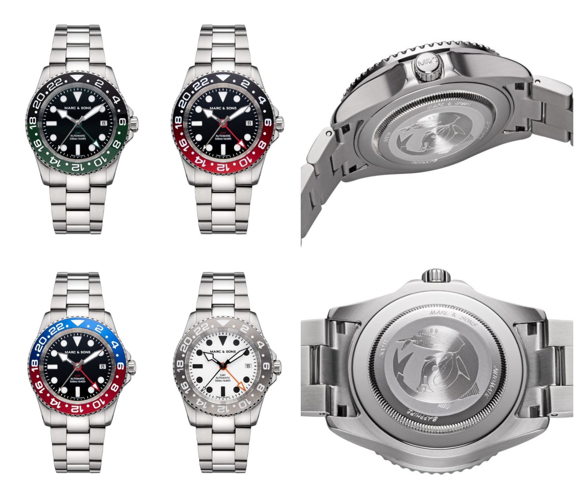 The Mark and Sons Diver watch Automatic GMT models MSG-007-2-OL-S (black-green), MSG-007-5-OL-S (black-red), MSG-007-7-OL-S (blue-red) and MSG-007-8-OL-S (white) Credits: Mark and sons