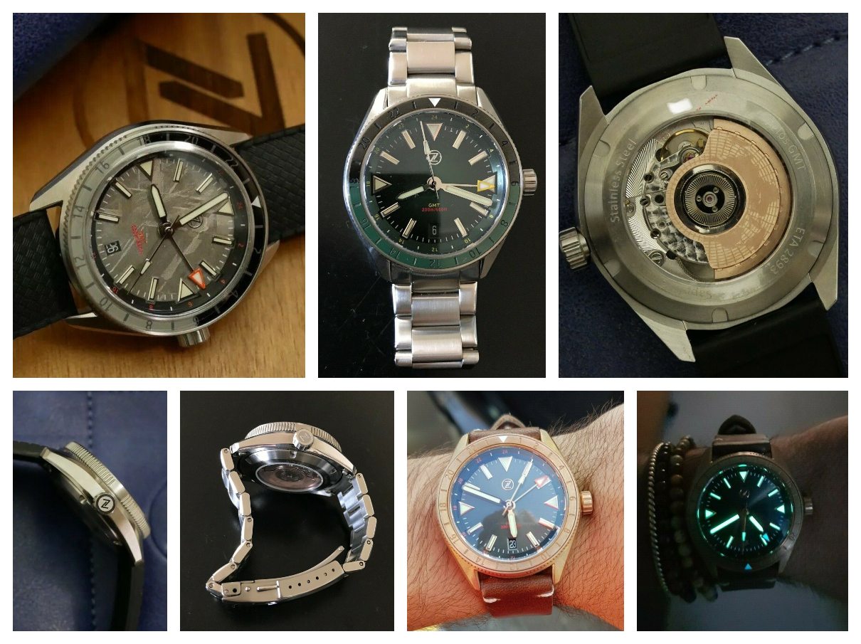 The Zelos Horizon GMT models, including one with a stainless steel bracelet. Credits: eBay