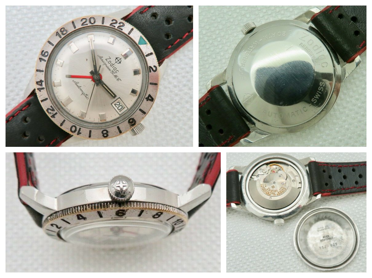 Second edition of Zodiac Aerospace GMT 752-925 (1966), red rectangular 24 hour hand, no lollipop second hand, platined bezel, white dial, cal 75. Search on eBay