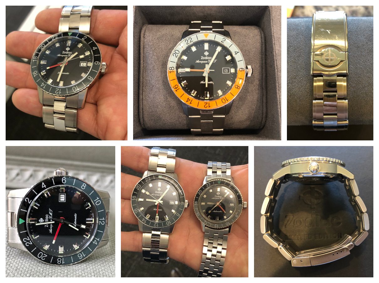 Zodiac Aerospace GMT Limited Editions: ZO9400 (top left), ZO9401 (top middle), with the ZO9400 and the Zodiac Aerospace GMT 1969 side by side (bottom middle). Credits: eBay seller molaiz27