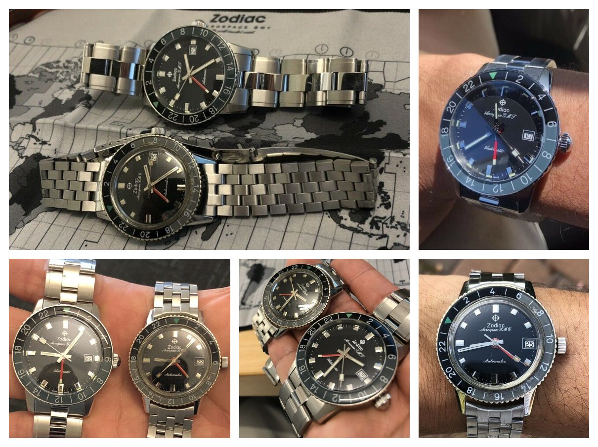 A comparison between the Zodiac Aerospace GMT Limited Edition (ZO9400) and the Zodiac Aerospace GMT 1969. Credits: eBay seller molaiz27